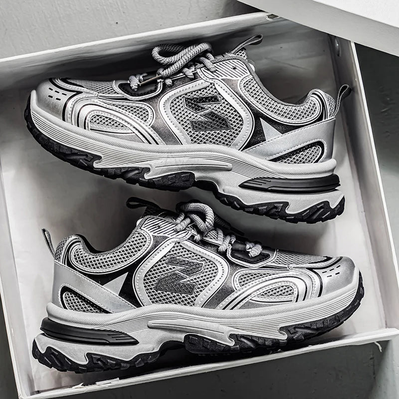 Sneakers Chunky Rétro pour Hommes |   Chaussures de course à plateforme argentées métalliques