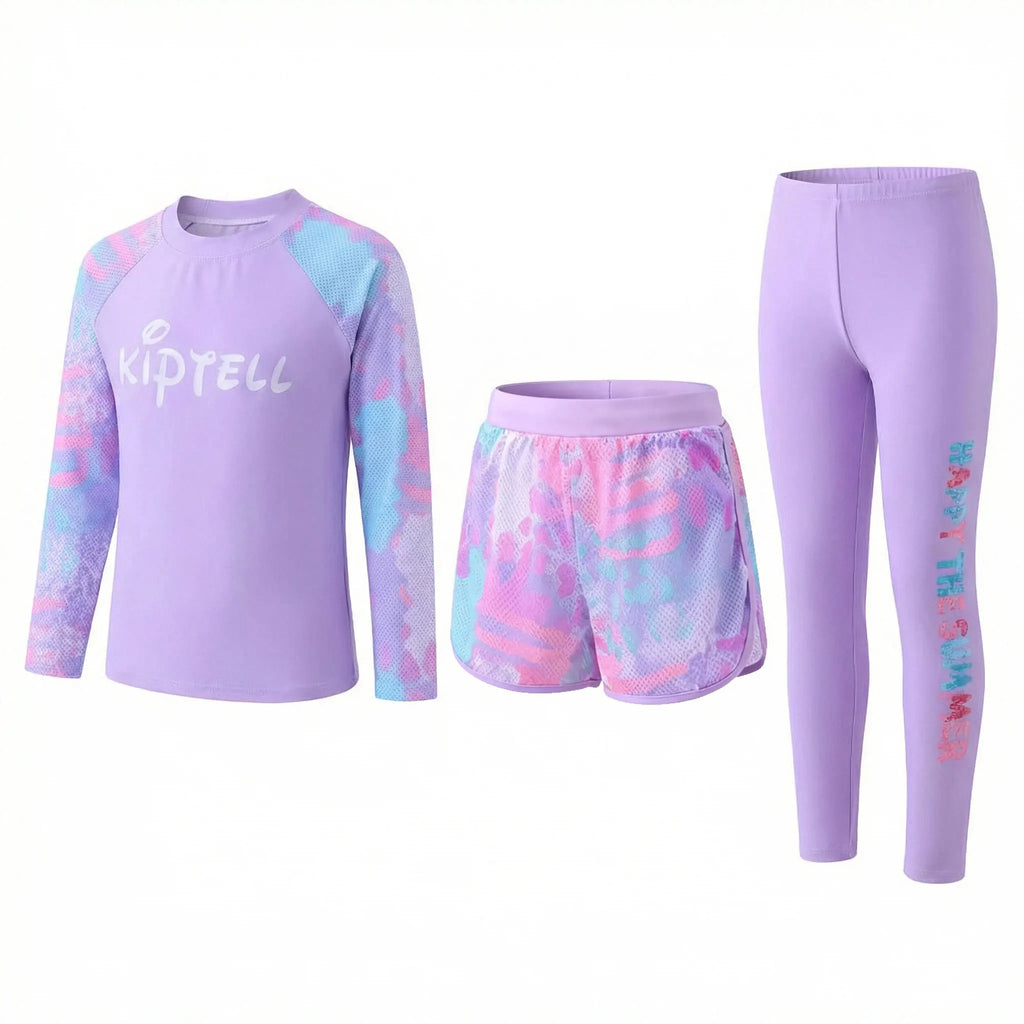 Ensemble de maillot de bain trois pièces pour enfants, ensemble de maillot de bain violet, manches longues et pantalon long