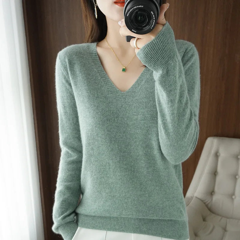 Pull femme 2025 automne hiver pulls tricotés col en v coupe ajustée chemise à bascule solide doux tricots pulls de base
