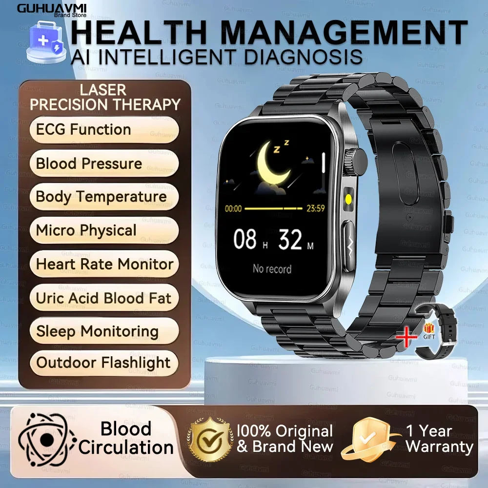 2025New 650nm Laser conditionnement verre saphir montre intelligente hommes ECG fréquence cardiaque Micro examen physique santé Smartwatch température