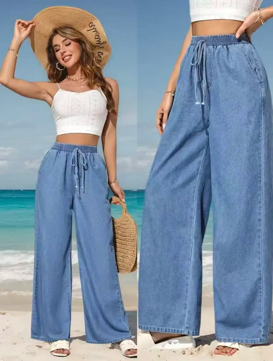 Jeans à jambes larges et taille élastique pour femmes