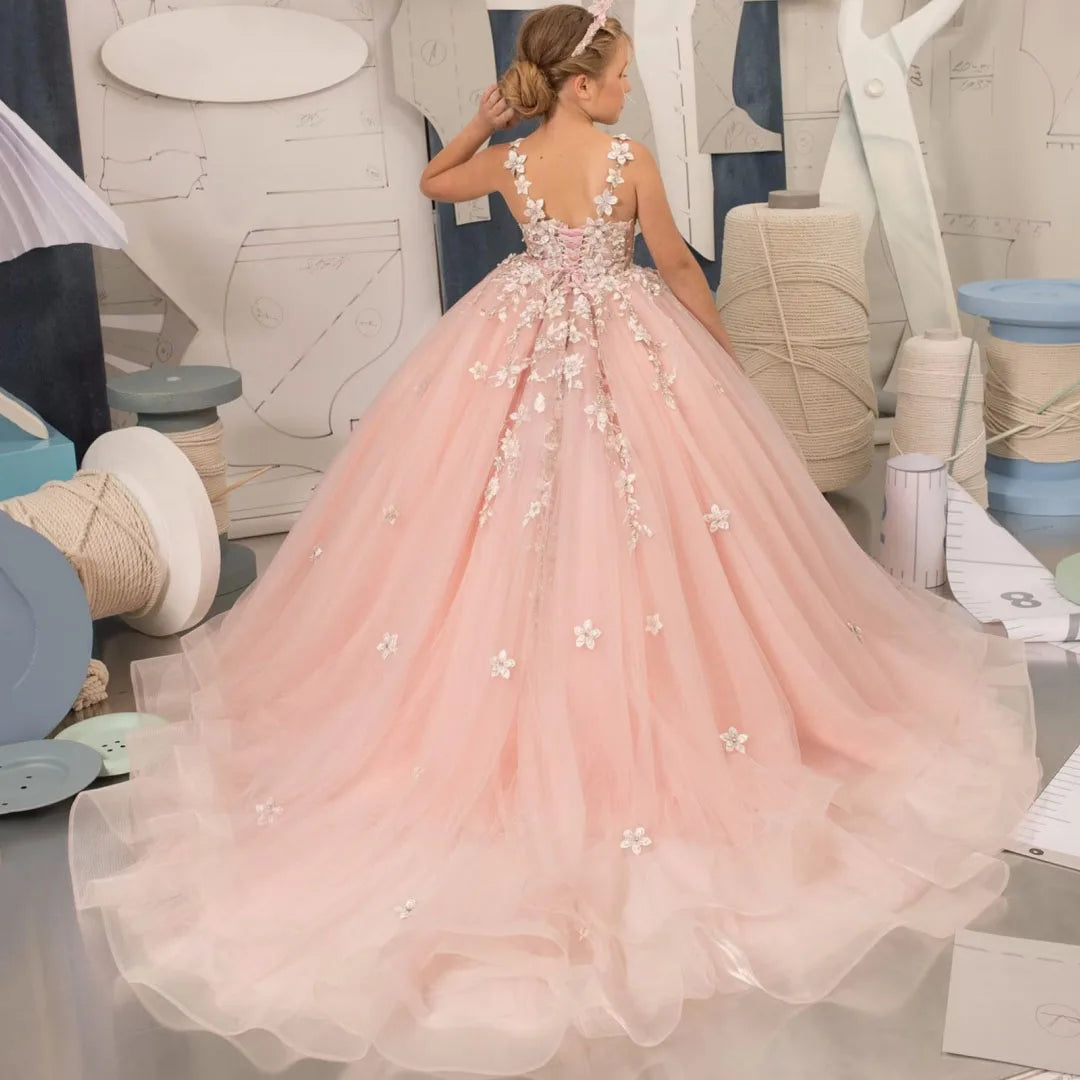 Robe à fleurs rose clair personnalisée pour filles, en Tulle, avec des Appliques de fleurs, sans manches, pour mariage, fête d'anniversaire, bal, Banquet, robe de princesse