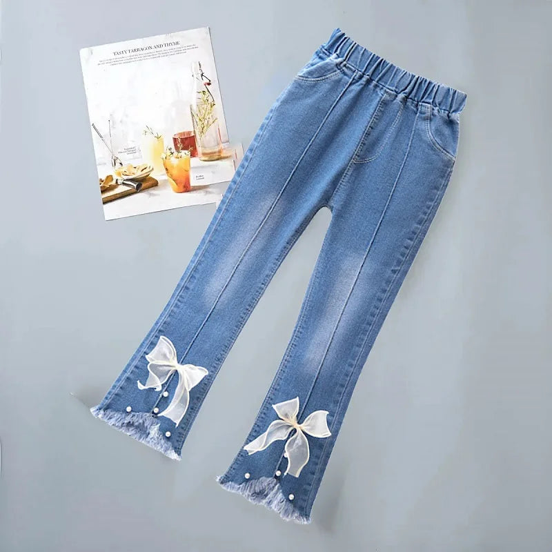 Jeans pour filles de 3 à 12 ans, pantalons longs en dentelle, à la mode, doux, avec nœud coréen, évasé, amples, décontractés, nouvelle collection 2024