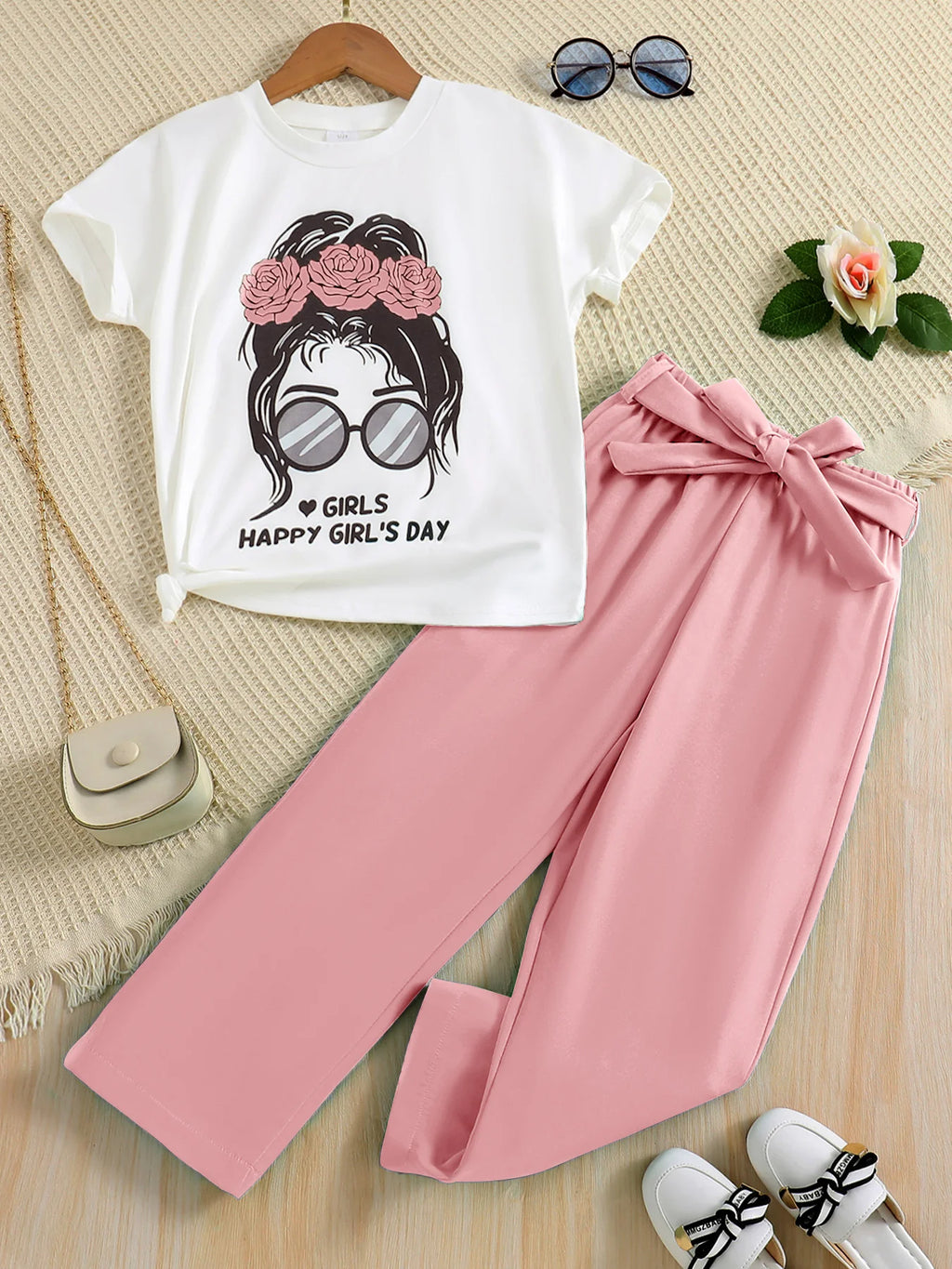 Un ensemble de deux hauts tricotés à col rond et pantalons fins d'été à jambes larges pour filles, imprimés de dessins animés simples et à la mode