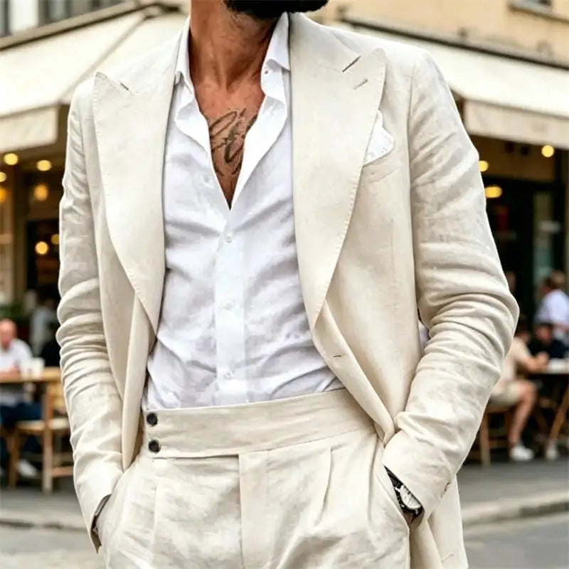 Ensemble de costume en lin 2 pièces pour homme – Coupe ajustée décontractée légère pour l'été – Blazer et pantalon pour la plage, mariage, bal de promo, soirée