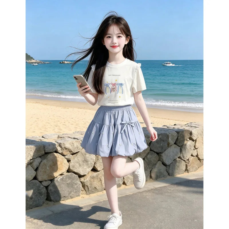 Ensemble 2 pièces été 2026 pour filles, tenue enfant adolescente, t-shirt ample à manches courtes avec nœud + jupe tutu, pour 4, 5, 8, 9, 10, 11, 12 ans