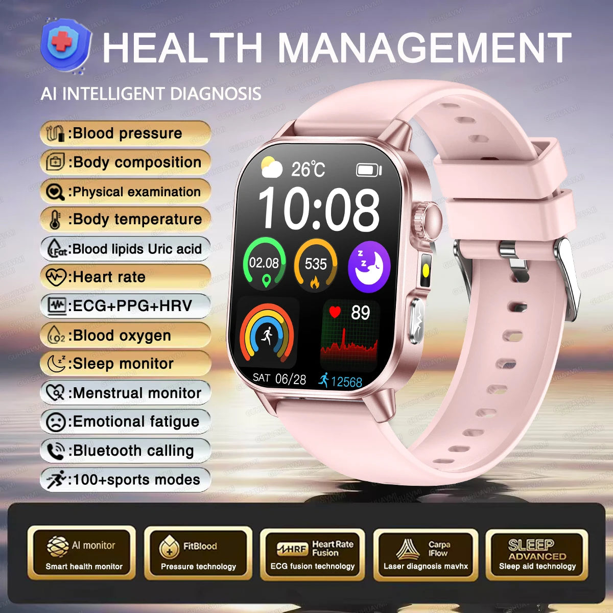 Montre connectée intelligente 2026 pour la santé des femmes, diagnostic précis, ECG+HRV, tension artérielle, oxygène sanguin, acide urique, fréquence cardiaque, appels Bluetooth