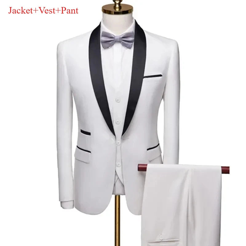 Ensemble de costume noir à revers pour hommes, manteau, gilet, pantalon/affaires pour garçons d'honneur, robe de mariée, pantalon Blazer Fprmal