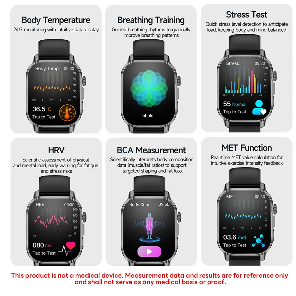 Montre connectée pour hommes et femmes, nouveau modèle d'analyse de la santé des acides uriques et des lipides, ECG + PPG, appel Bluetooth, lampe de poche 2026 pouces, 2.021