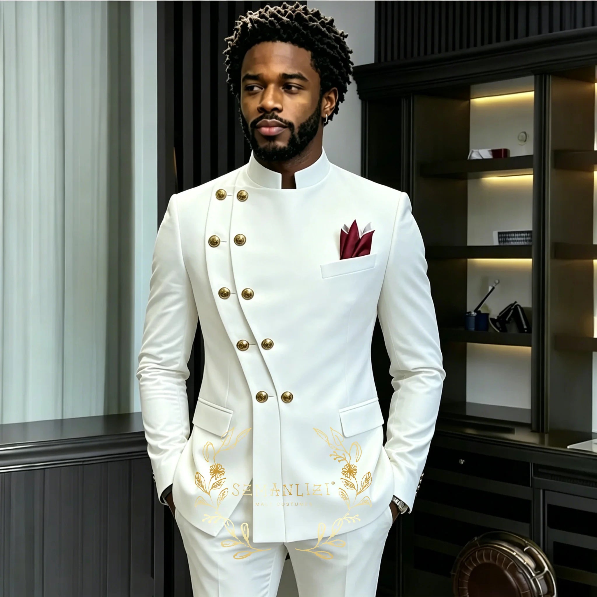 Costume de Mariage Homme Bleu Marine Croisé à Double Boutonnage Col Montant – 2 Pièces (Blazer + Pantalon) – Idéal pour le Marié ou le Garçon d'Honneur