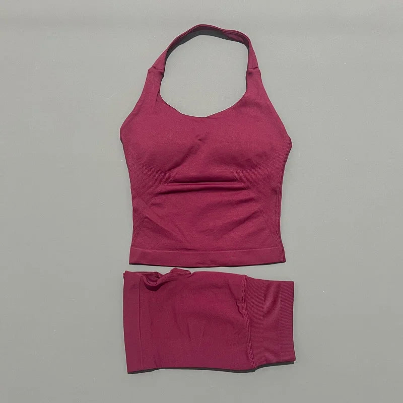 Ensemble de sport 2 pièces pour femme : débardeur long à bretelles rembourré et short de sport sans couture pour le yoga, le fitness et la course à pied