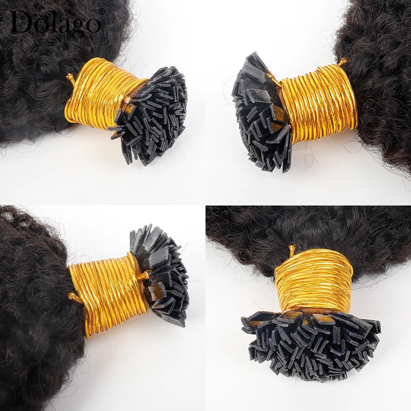 Dolago-Extensions de cheveux afro crépus bouclés pour femmes, Bundles de cheveux humains noirs naturels, KerBrian Flat K Tip, 4B 4C ktHair