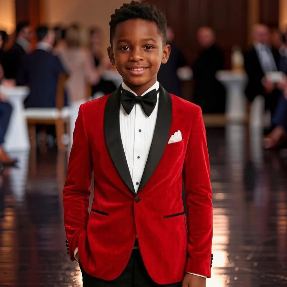 Costumes en velours pour garçon, coupe ajustée, 2 pièces, smoking de mariage pour enfant, assorti, un bouton, plusieurs poches, pour fête, défilé, sur mesure