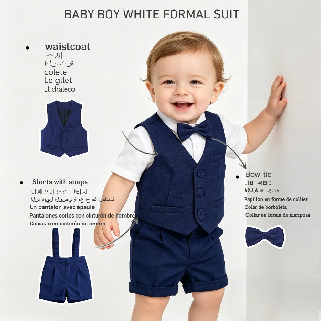 Costume formel bleu marine 4 pièces pour bébé garçon, tenue de gentleman pour tout-petit, vêtements pour baptême, mariage, fête d'anniversaire, pour 6 mois à 4 ans