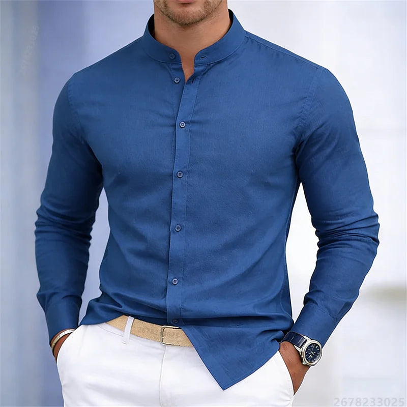 Chemise à manches longues pour homme, col montant, blanche ou noire, couleur unie, coupe ajustée, style business casual, tailles XS-6XL.