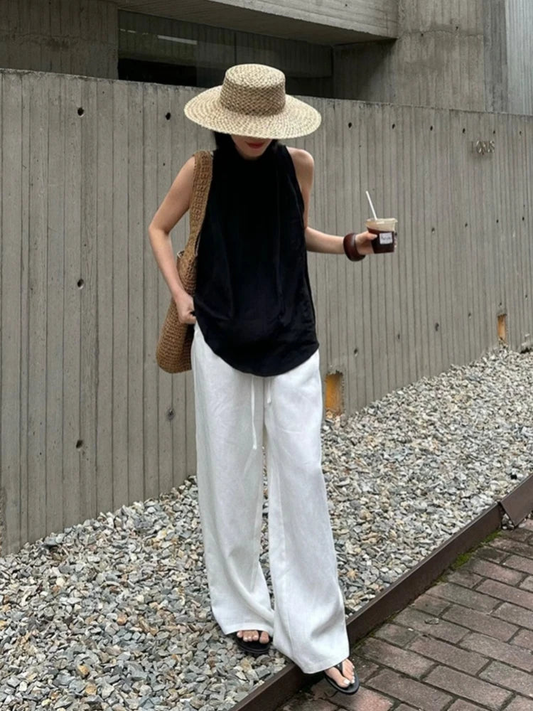 Pantalon large en lin décontracté, coupe droite, blanc, avec cordon de serrage, style coréen, été 2026