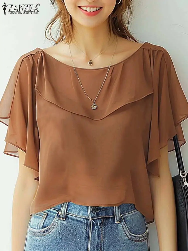 ZANZEA été femmes en mousseline de soie Blouse élégant à volants à manches courtes hauts chemise 2025 mode coréenne tunique décontractée Chic à volants ourlet Blusa