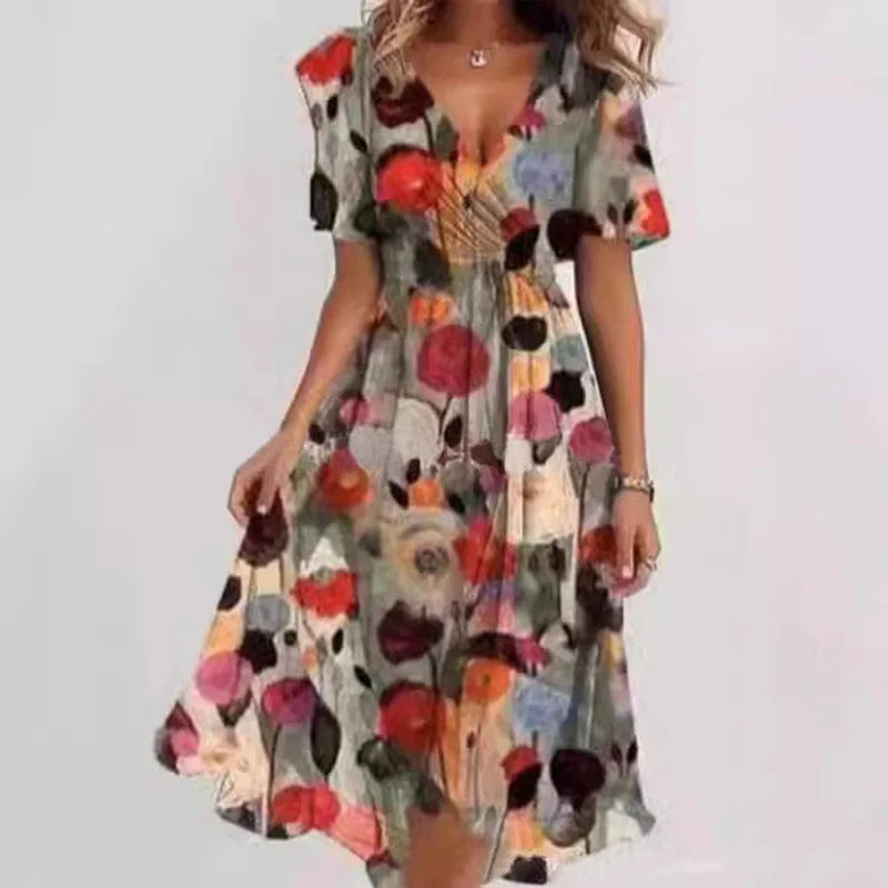 Robe de soirée bohème élégante à imprimé floral, col en V, manches courtes, longueur genou, Vestidos BKLFZ-1616
