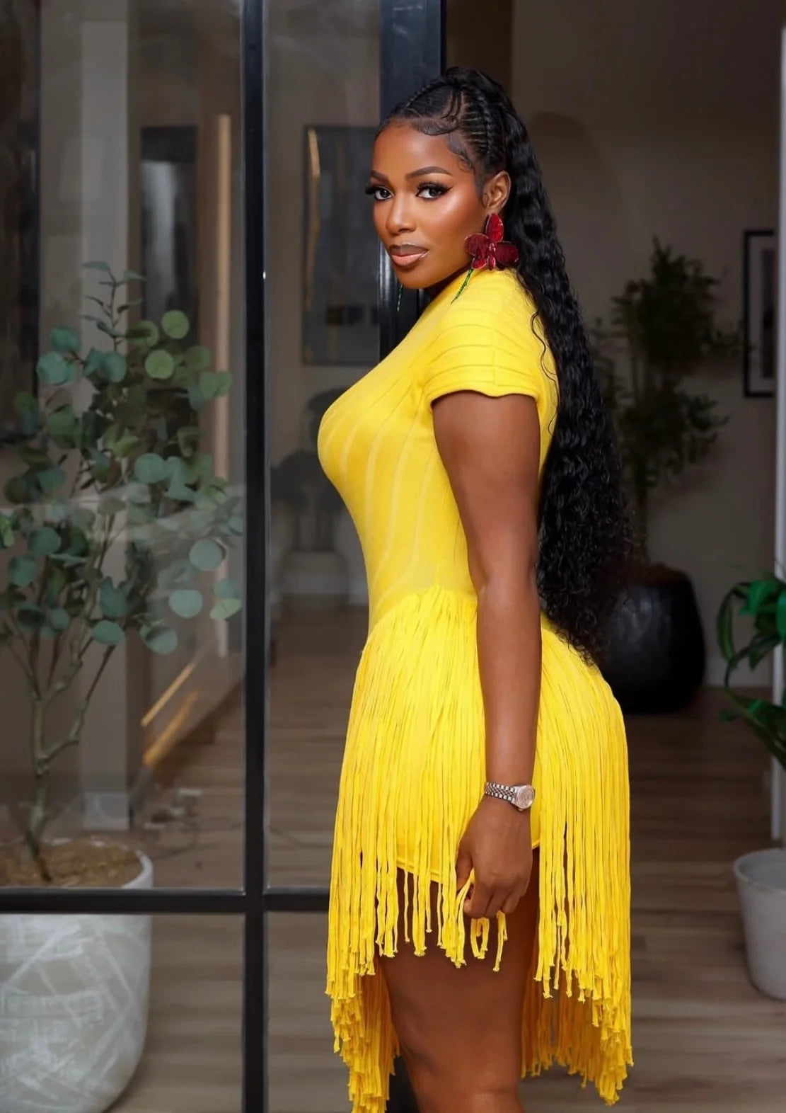 Robe Midi Asymétrique à Franges pour Femme Élégante, Été 2026, en Maille Côtelée Unie avec Découpes, Coupe Moulante, pour Soirée et Club