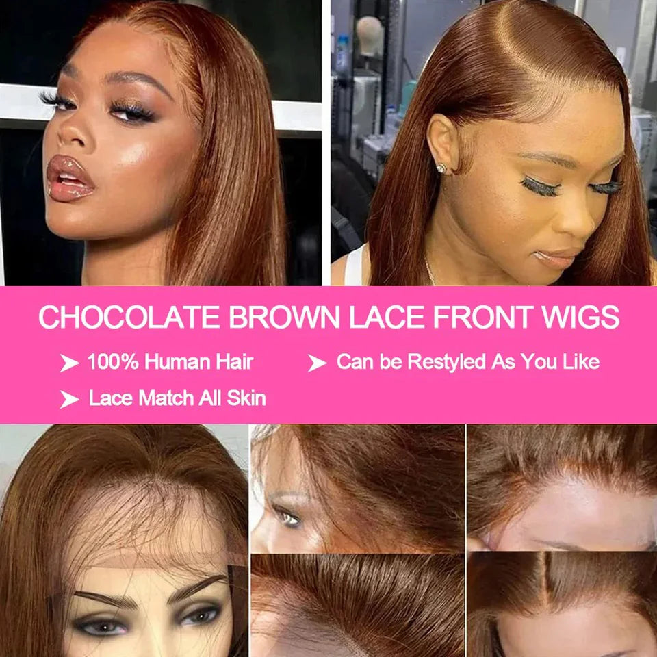 13X4 chocolat brun droite Bob perruque 4X4 soyeux droite HD dentelle frontale perruque naturel délié pré plumé cheveux humains 100% 16 pouces