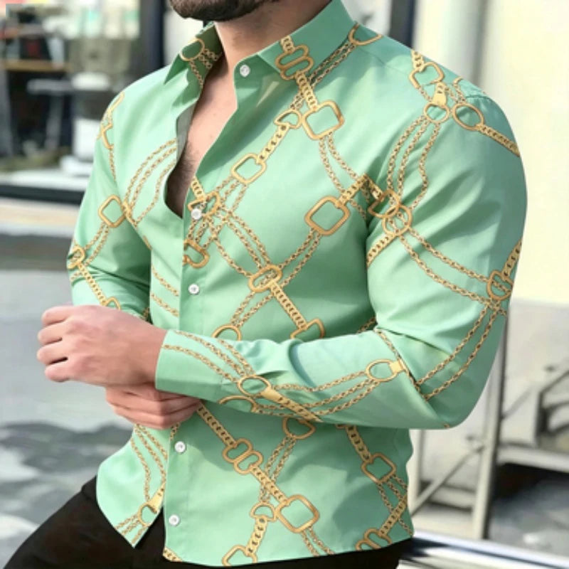 Chemise à manches longues pour homme avec imprimé chaîne dorée, style décontracté chic européen et américain pour jeunes, imprimé tendance pour homme, quotidien