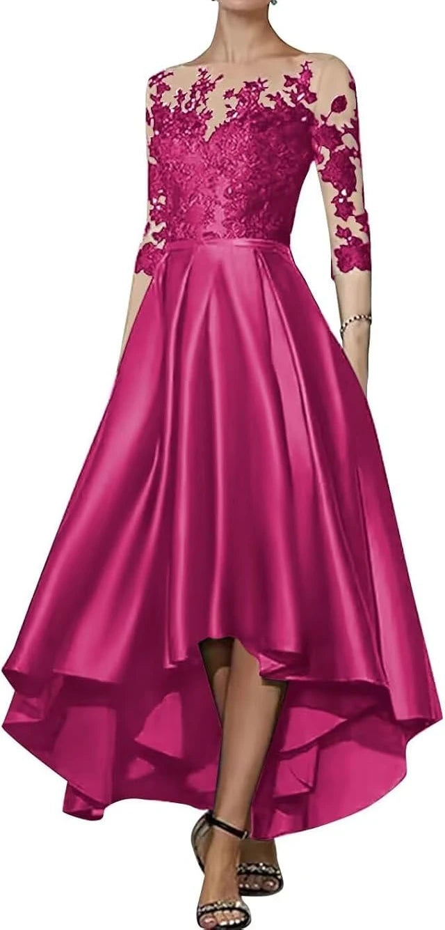 Robe en satin à col en V pour mère de la mariée, robe trapèze élégante longueur thé, devant court, dos long, invité de mariage