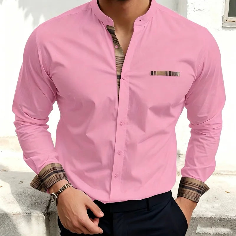 Chemise blanche à col montant pour homme, nouvelle collection, avec coutures à carreaux rétro, texture légère et luxueuse, haut à manches longues style business casual, tailles XS-6XL