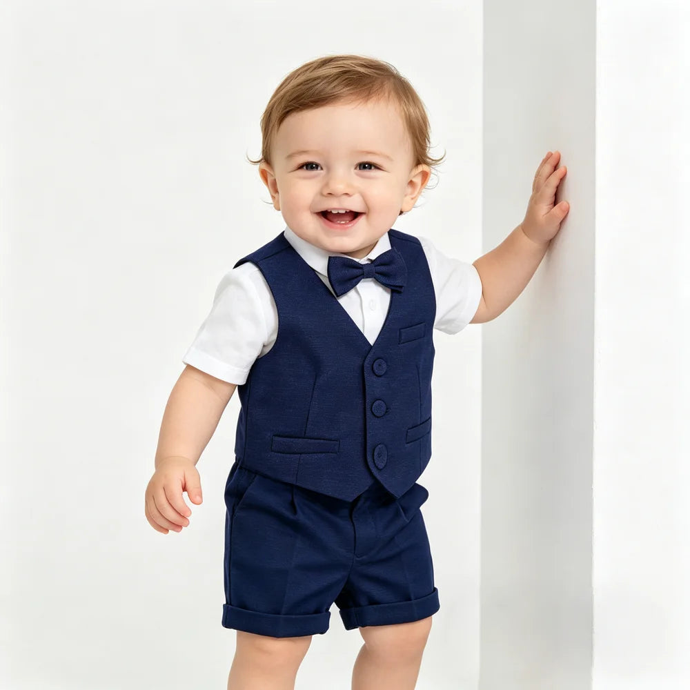 Costume formel bleu marine 4 pièces pour bébé garçon, tenue de gentleman pour tout-petit, vêtements pour baptême, mariage, fête d'anniversaire, pour 6 mois à 4 ans