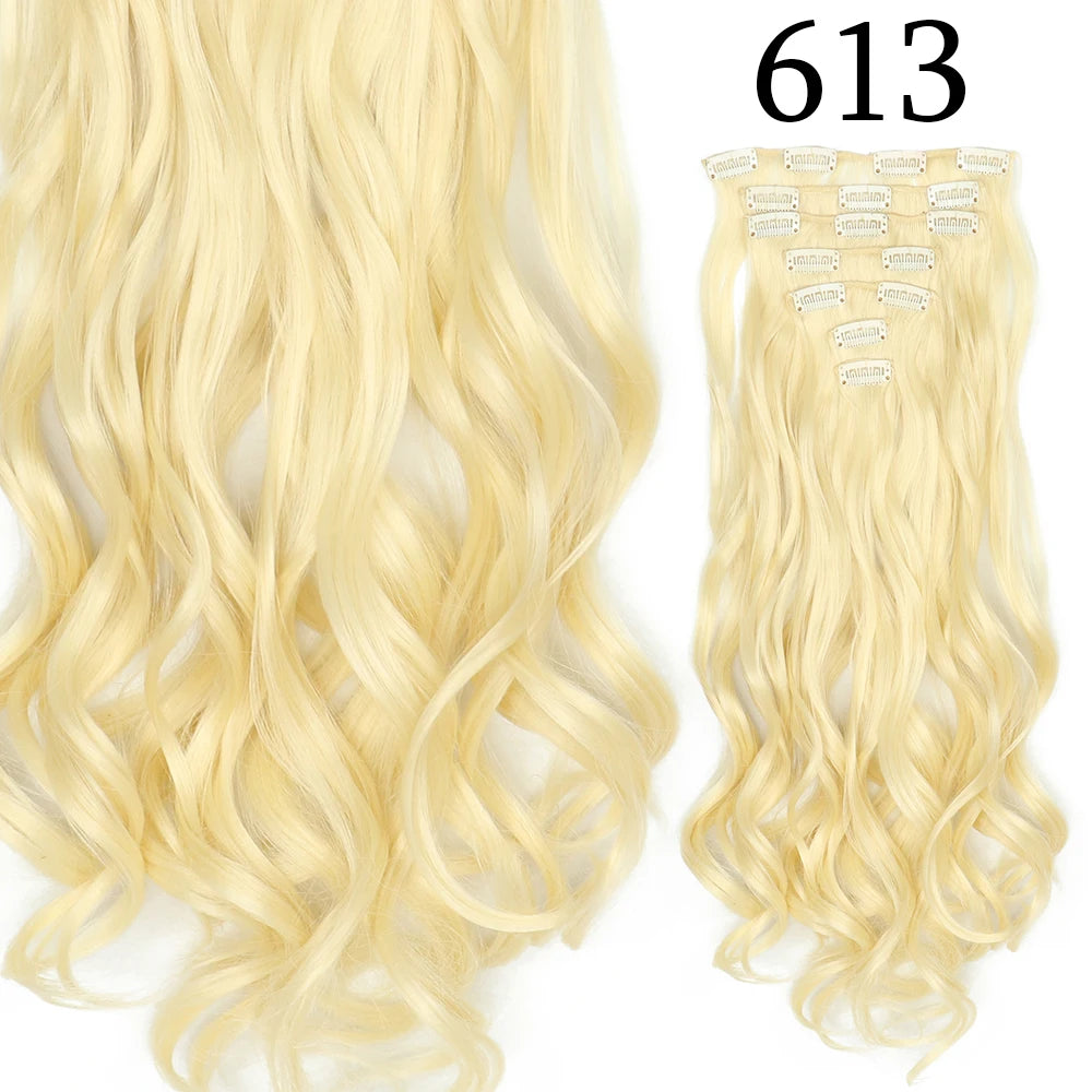 Extensions de Cheveux Synthétiques Longs et Lisses, Postiches Blondes Noires, Degré de Chaleur, Faux Cheveux, 24 Pouces, 16 Clips