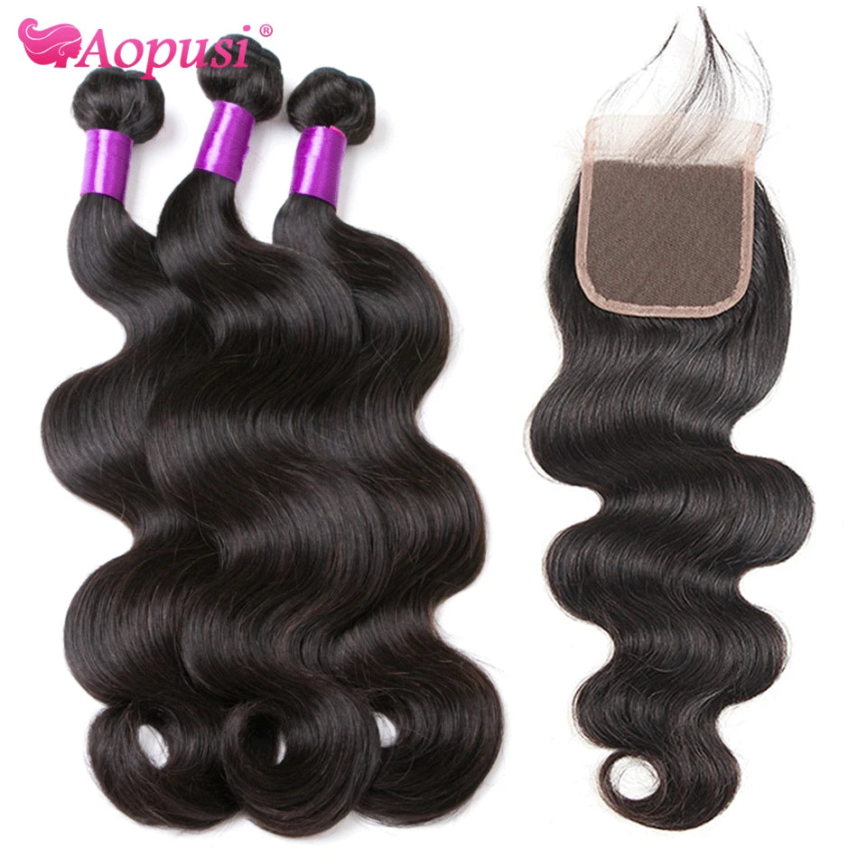 Aopusi – tissage en lot brésilien naturel Body Wave avec Closure, Extension de cheveux, lots de 3/4
