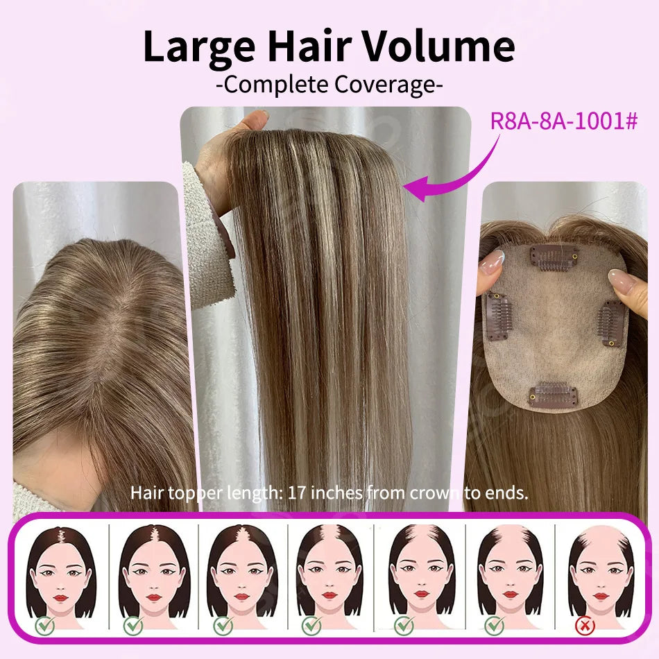 Topper de cheveux humains lisses avec mèches pour femmes 10x12CM, postiche à base de peau avec 4 clips, cheveux humains véritables respirants
