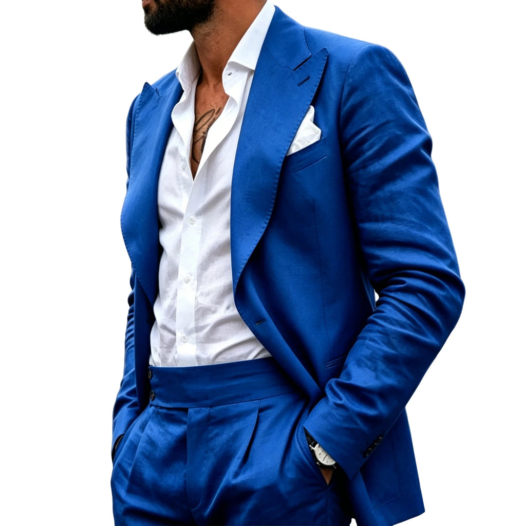 Ensemble de costume en lin 2 pièces pour homme – Coupe ajustée décontractée légère pour l'été – Blazer et pantalon pour la plage, mariage, bal de promo, soirée