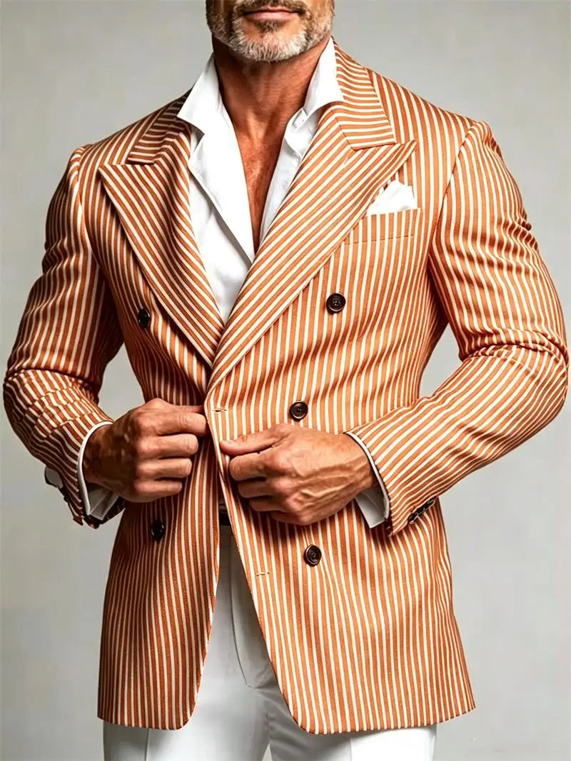 Blazer rayé pour homme, coupe ajustée, revers cranté, double boutonnage, veste de costume, manteau de sport, pour affaires, mariage, soirée, bal de promo, smoking