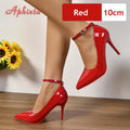 Aphixta argent boucle de ceinture haute 10 cm talons aiguilles pompes rouge femmes chaussures bout pointu pompes de fête Super grande taille 48 49 50