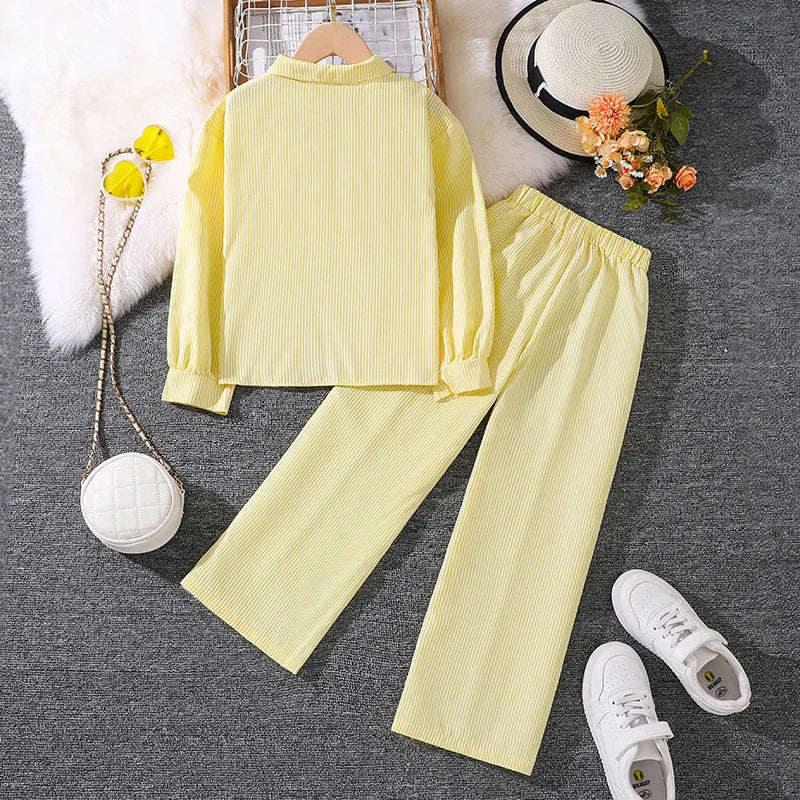 Haut à manches longues rayé jaune pour enfants, pantalon rayé jaune imbibé, étiquettes simples classiques, printemps et automne, filles de 4 à 12 ans