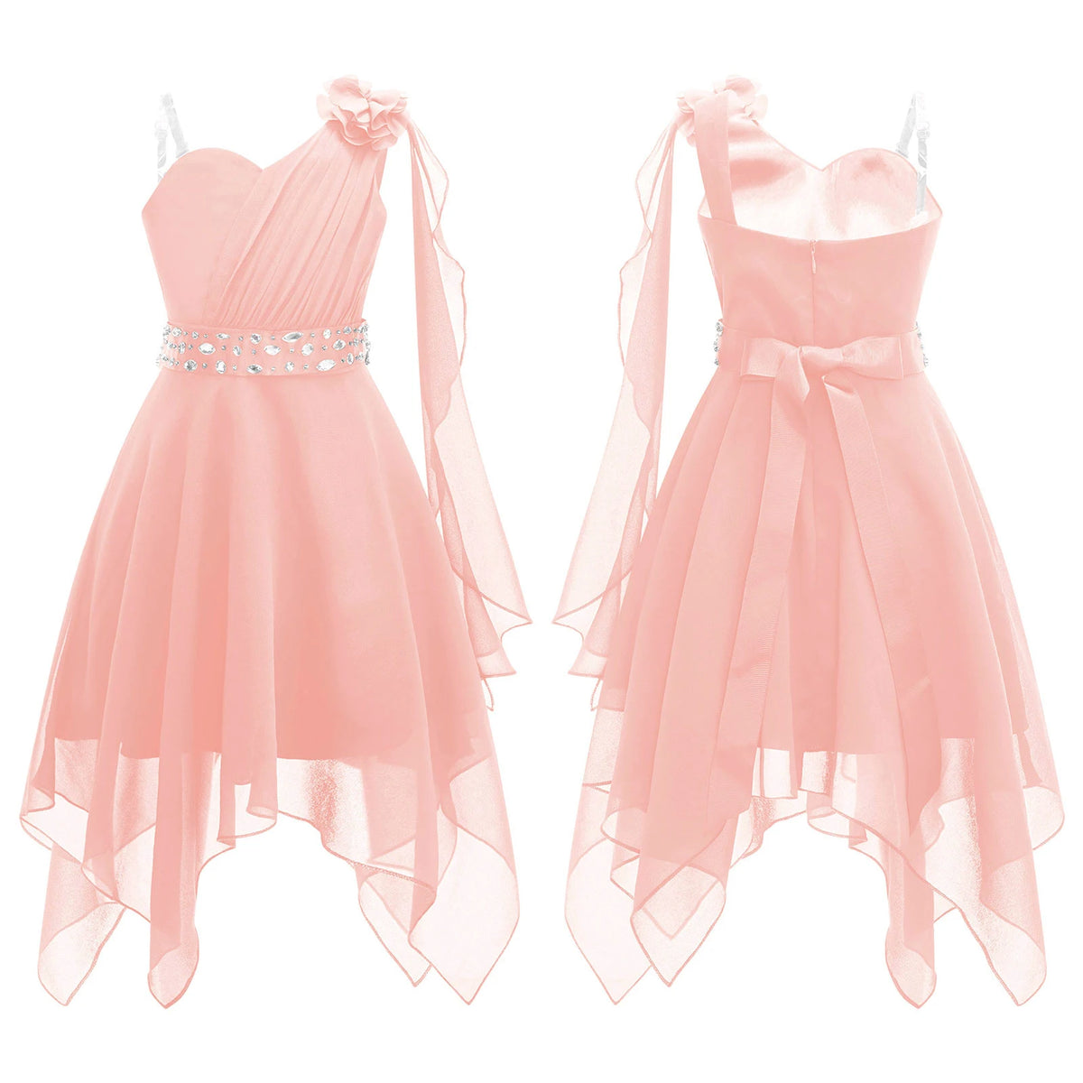 Robe de mariage pour filles de 6 à 16 ans, sans manches, élégante, froncée, avec des appliques, ourlet asymétrique, en mousseline de soie, robes de princesse pour fête d'anniversaire et de bal