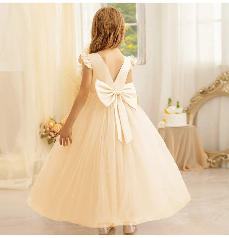 Robe de princesse d'été en tulle à fleurs pour fille, dos nu, avec nœud, pour anniversaire, mariage, piano, fête, ou tenue de cérémonie pour bébé fille
