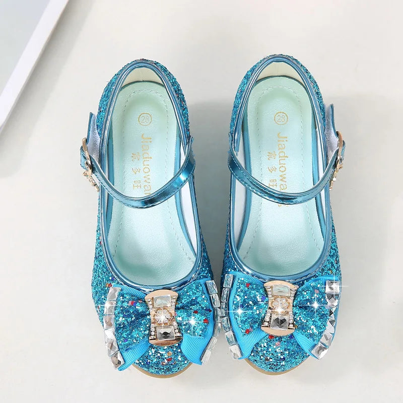Chaussures princesse en cuir pour filles, chaussures à fleurs décontractées à paillettes, talons hauts, nœud papillon, bleu, rose, argent