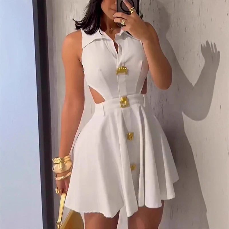 Robe plissée d'été, couleur unie, taille haute, bureau, bouton à revers, ligne a, Sexy, ajourée, sans manches, Slim, courte