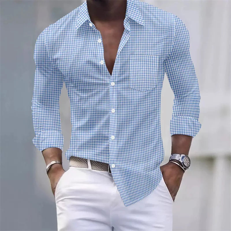 Chemise pour hommes 13 couleurs, chemise à manches longues à carreaux bleu clair et blanc, haut pour hommes coupe slim, décontracté, d'affaires et de déplacement.