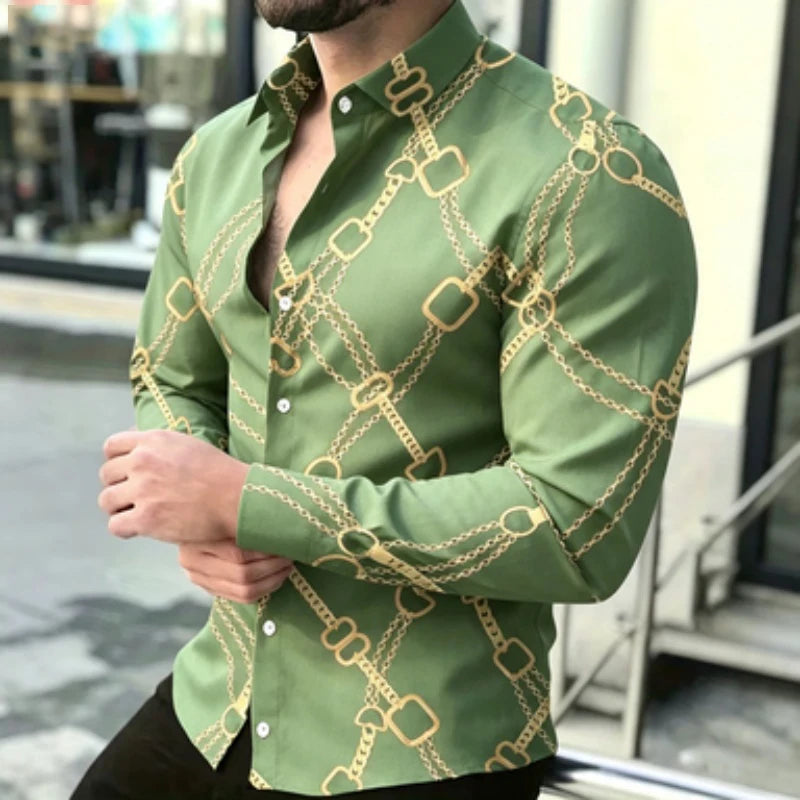 Chemise à manches longues pour homme avec imprimé chaîne dorée, style décontracté chic européen et américain pour jeunes, imprimé tendance pour homme, quotidien