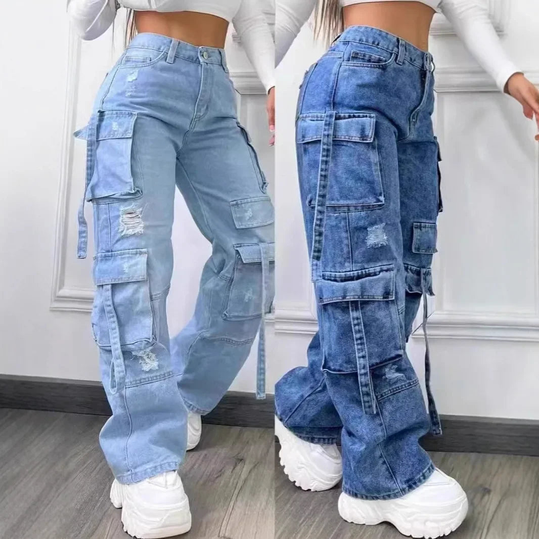 Nouveau Jean Femme 2026 Tendance Couleur Unie Décontracté Style Workwear Denim Taille Haute Multi-Poches Coupe Ample Polyvalent Grandes Tailles