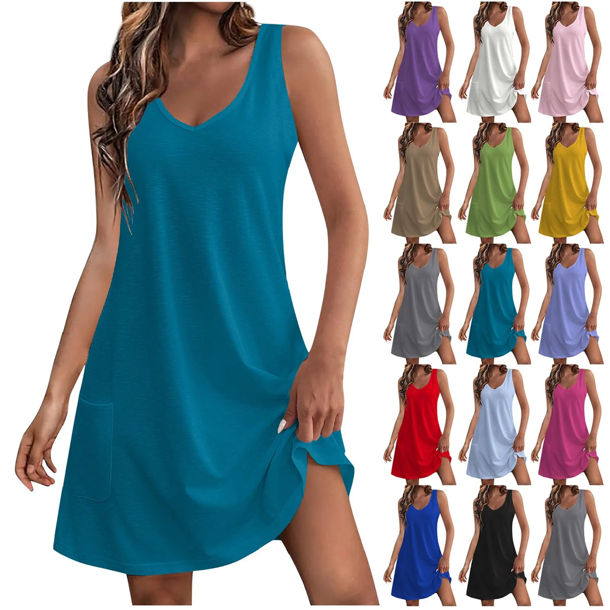 Robe gilet en coton pour femmes, col en v, sans manches, couleur unie, mi-longue, couture, grande balançoire, ample, été, 2024