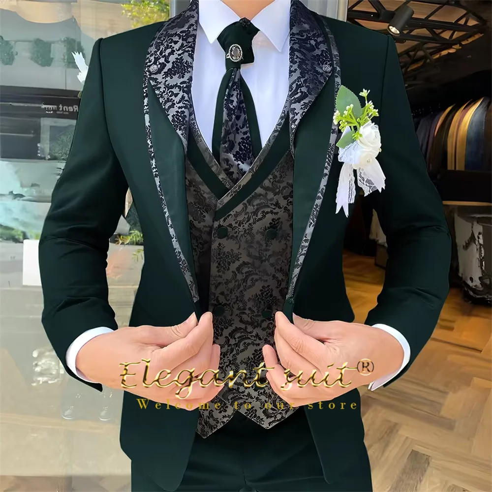 Ensemble de costume 3 pièces pour hommes, gilet jacquard noir, style contrasté, costume, gilet et pantalon, choix de mariages et de célébrations