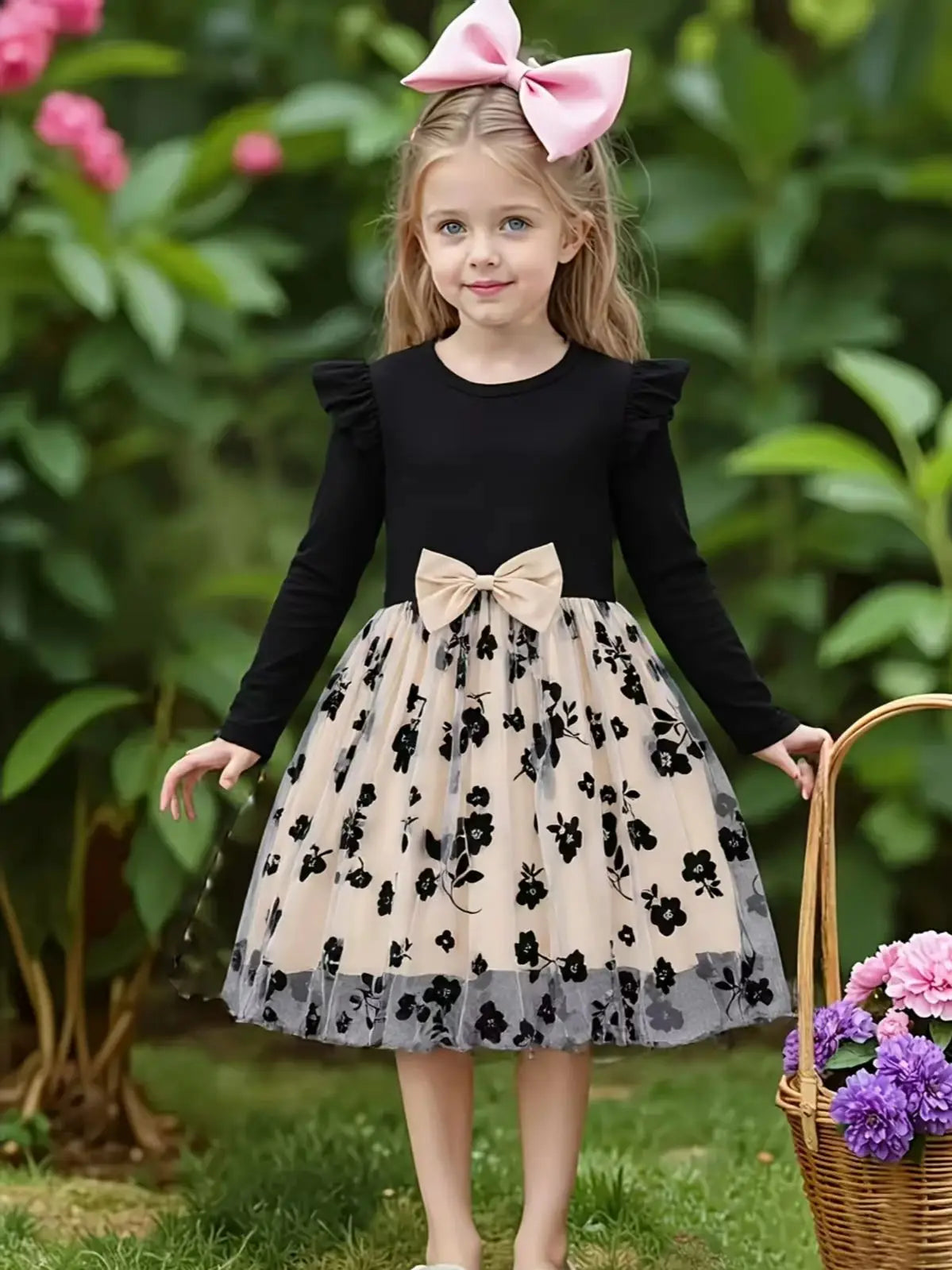 Printemps automne infantile enfant en bas âge filles col rond manches volantes épissure fleur imprimé Tulle tenue décontractée pour bébé filles