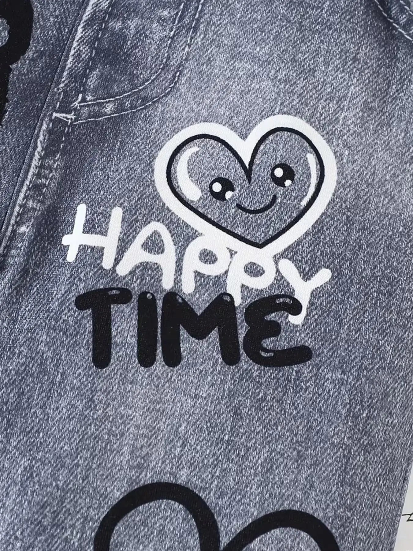 Tenue d'été décontractée pour filles : T-shirt avec imprimé cœur et visage souriant + pantalon évasé en faux denim avec graffiti « Happy Time », ensemble deux pièces adapté aux enfants de 4 à 12 ans, vêtements p