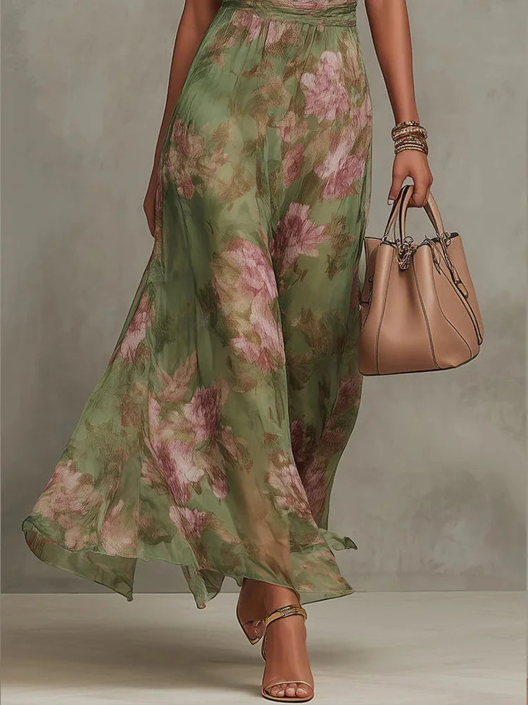 Robe de soirée fluide en mousseline de soie sans manches à col montant et taille froncée DFCF Fashion, nouvelle robe longue à imprimé floral et dos nu pour femme 2026