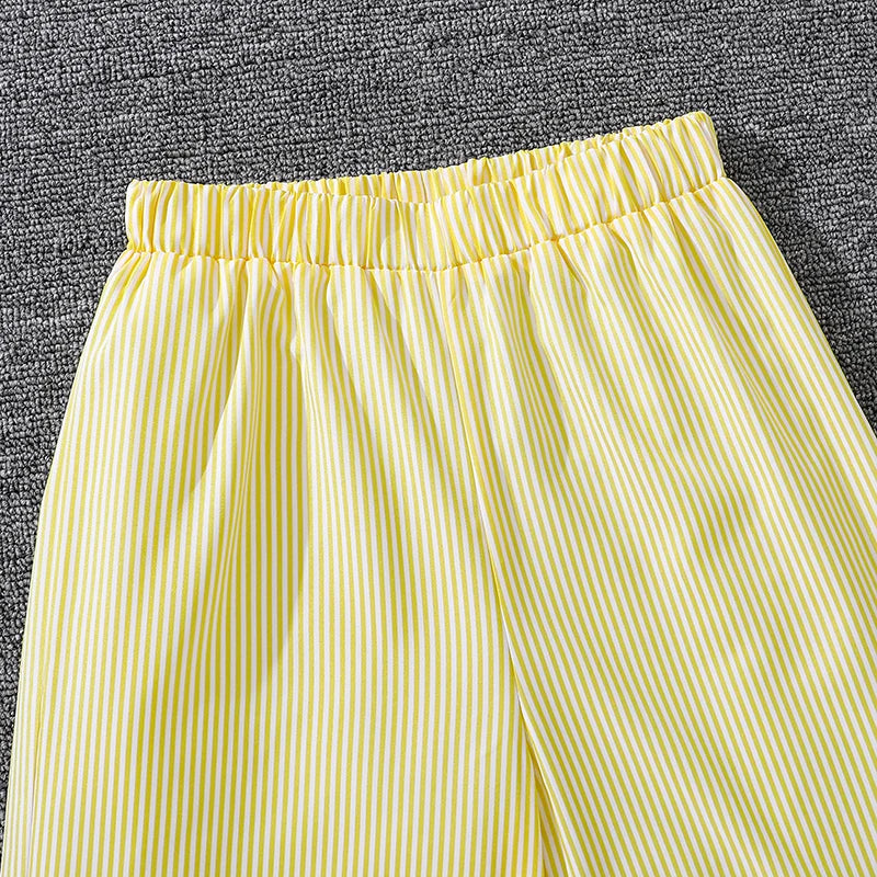 Haut à manches longues rayé jaune pour enfants, pantalon rayé jaune imbibé, étiquettes simples classiques, printemps et automne, filles de 4 à 12 ans