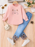 Pantalon slim imitation denim pour filles, col rond, manches longues, micro-élastique, rose, dessin animé, mode printemps et automne, mignon, ensemble 2 pièces, CL
