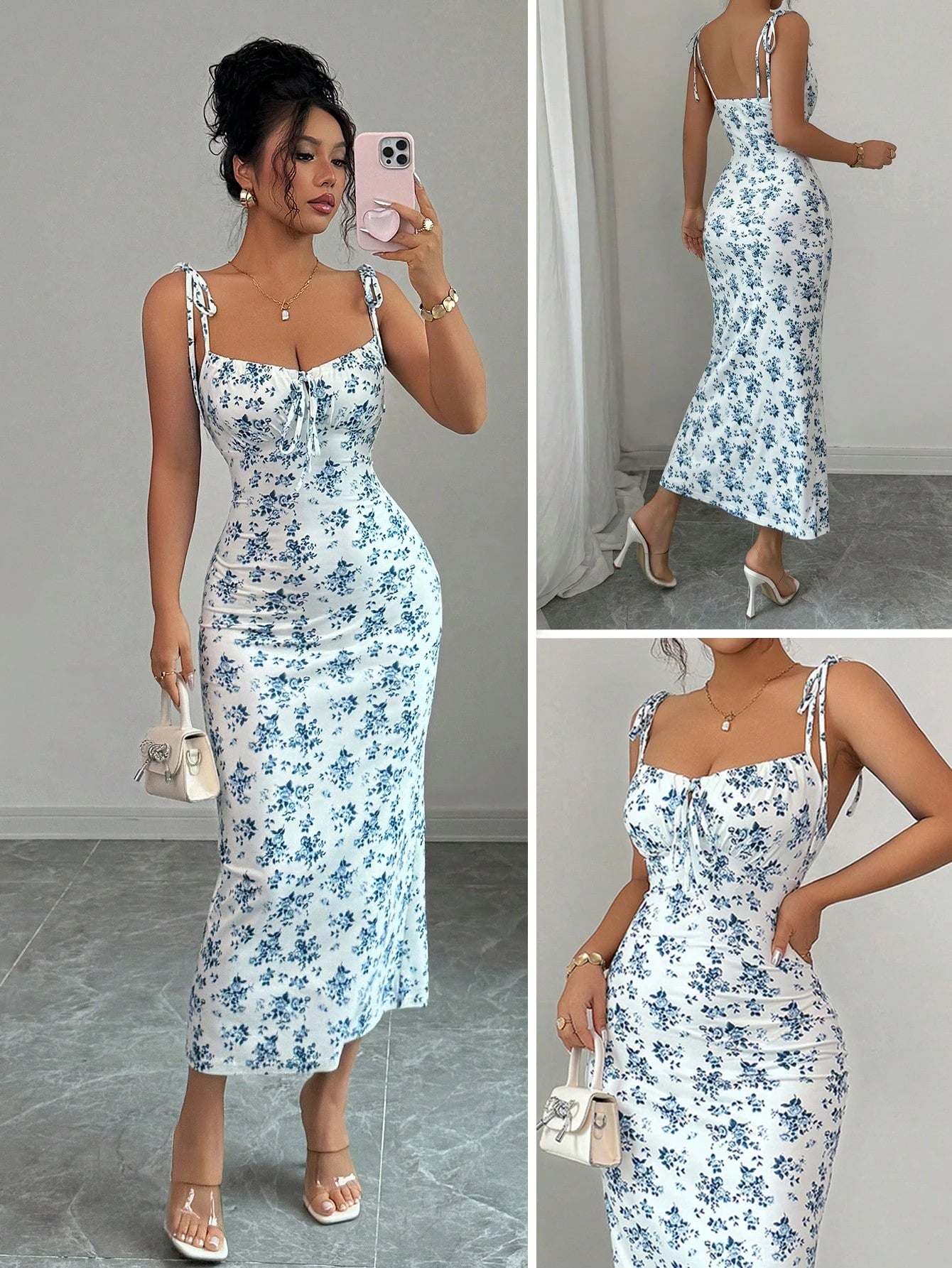 Robe nuisette fluide à motif floral, col carré, à nouer, taille froncée